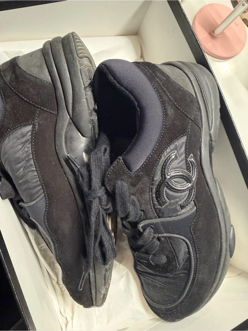 CHANEL Black Suede & Nylon Logo Sneakers